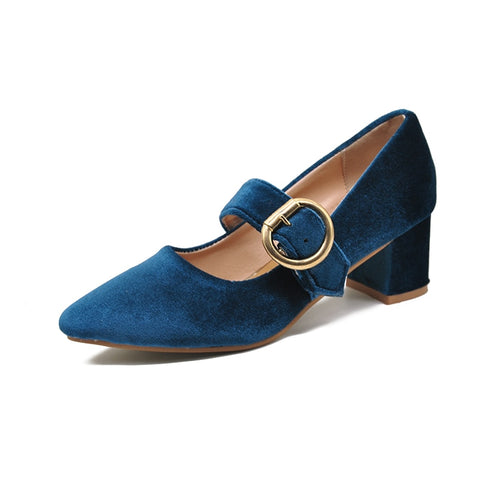 HEE GRAND 2019 Spring Women Fashion Heel Pumps Buckle Strap Ladies Shoes Flock Square Heels 3 Colors Size 35-39 XWD7220