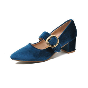 HEE GRAND 2019 Spring Women Fashion Heel Pumps Buckle Strap Ladies Shoes Flock Square Heels 3 Colors Size 35-39 XWD7220